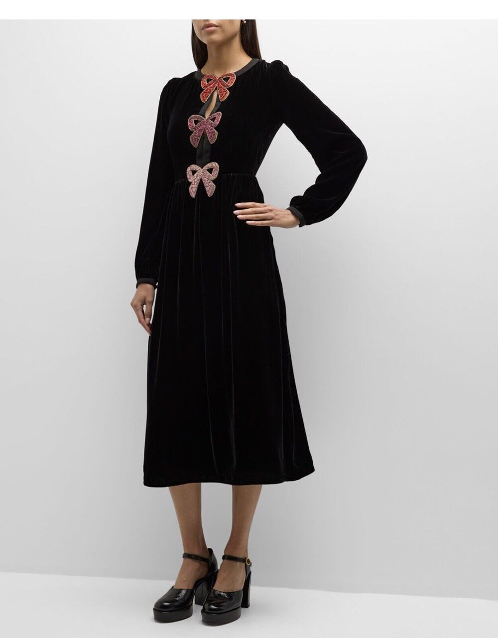 Saloni Black Velvet Midi Long Sleeve Camille Dress Pink Embellished Bows 2